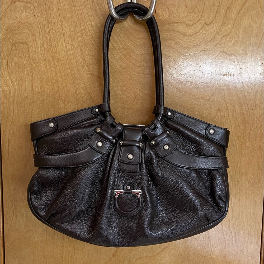 Salvatore Ferragamo Gancini Large Brown Pebbled Leather Satchel